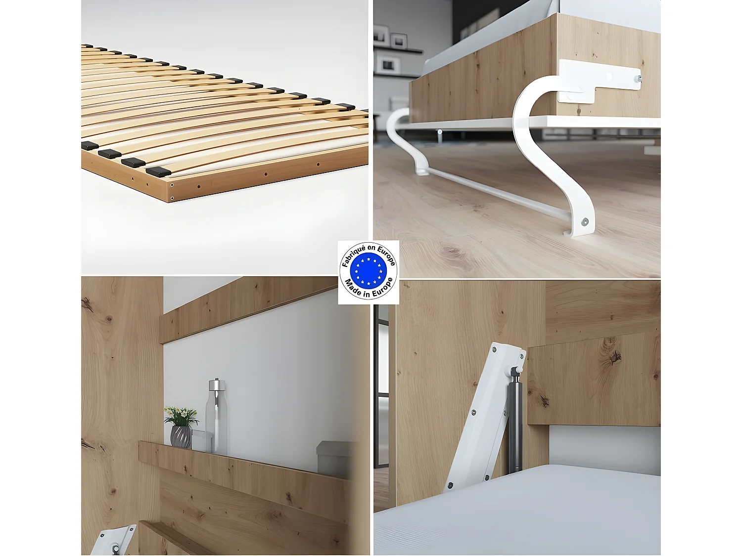 Lit escamotable +2 Placards Vertical 90x200+(80x2)cm Lit Rabattable Lit Mural Standard Chêne Sauvage/blanc brillant