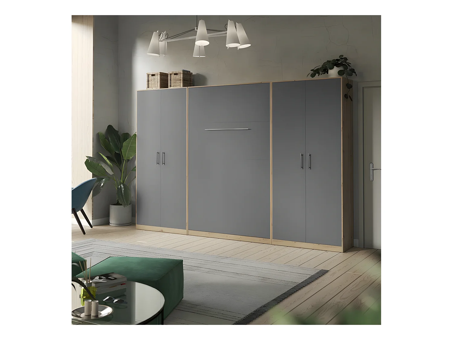 Lit escamotable +2 Placards Vertical 140x200+(80x2)cm Lit Rabattable Lit Mural Standard Chêne Sauvage/Anthracite