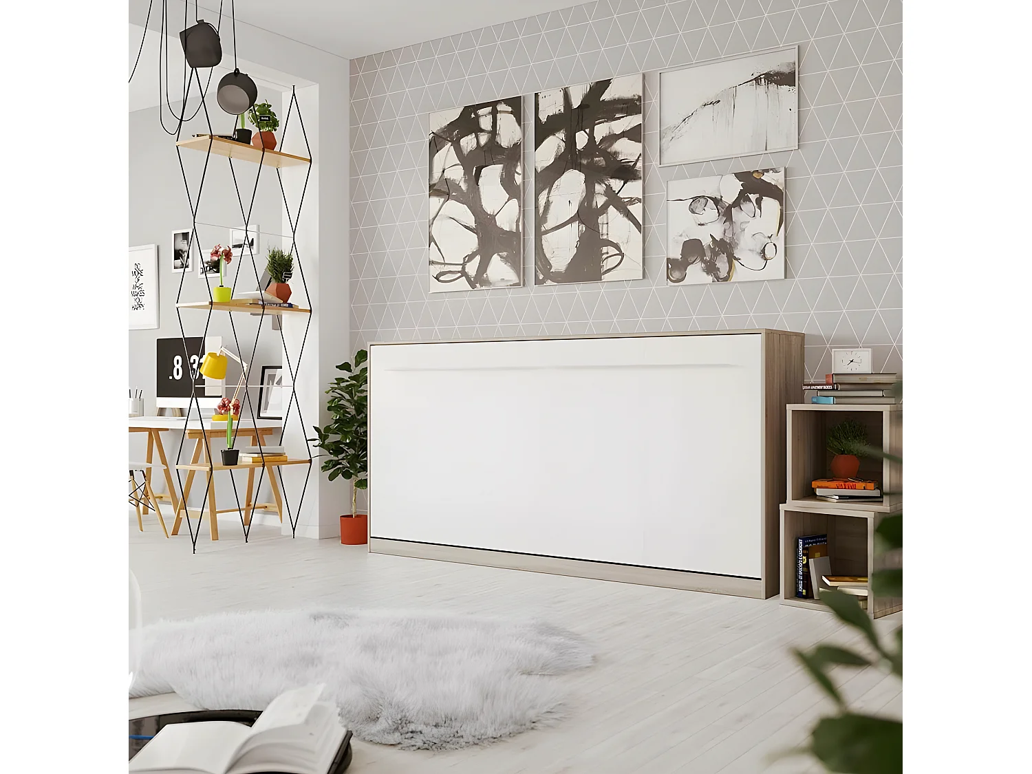 Armoire Lit escamotable 90x200cm Supérieur Horizontal Lit Rabattable Lit Mural Chêne Sonoma/Blanc