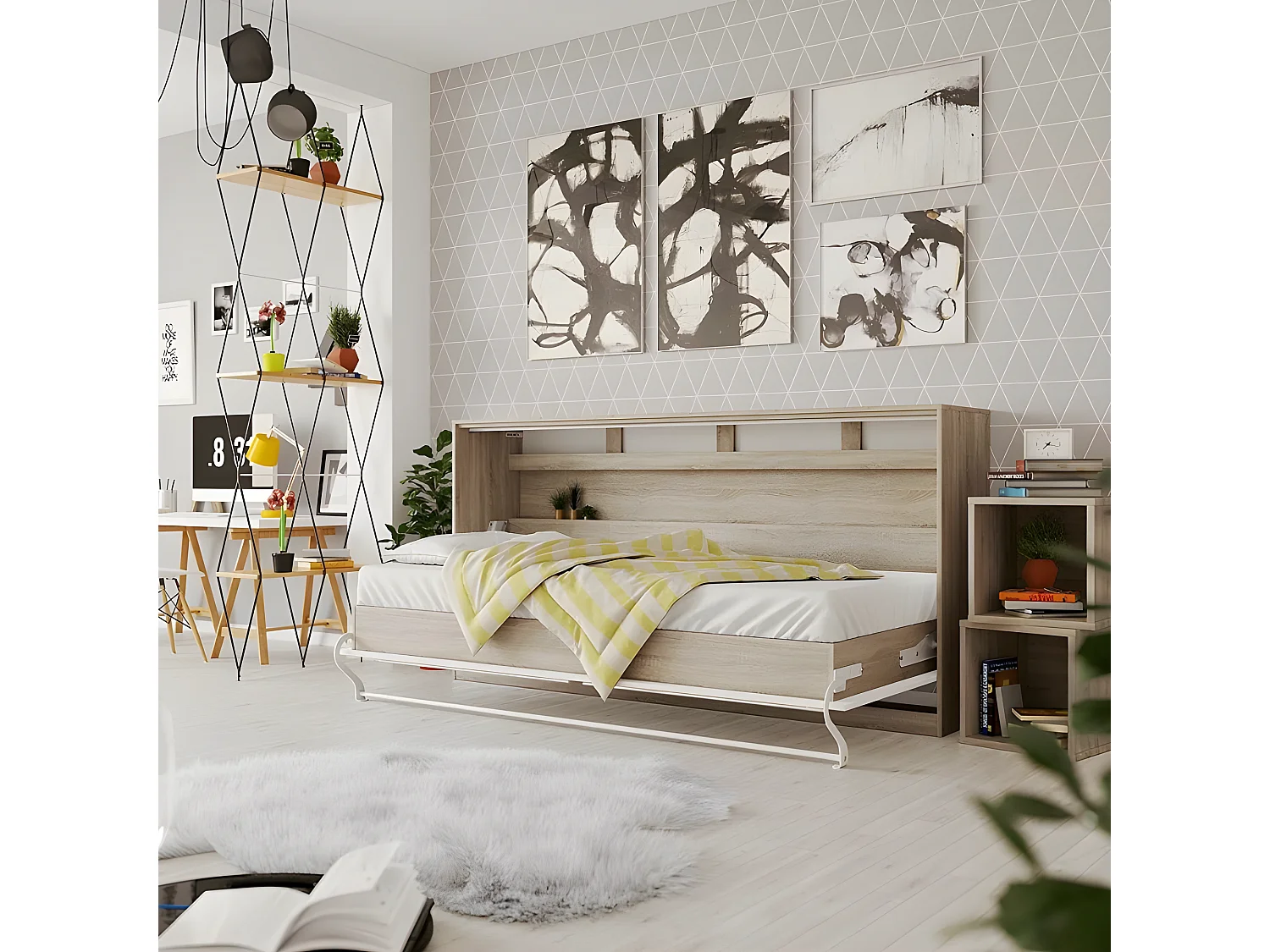 Armoire Lit escamotable 90x200cm Supérieur Horizontal Lit Rabattable Lit Mural Chêne Sonoma/Blanc