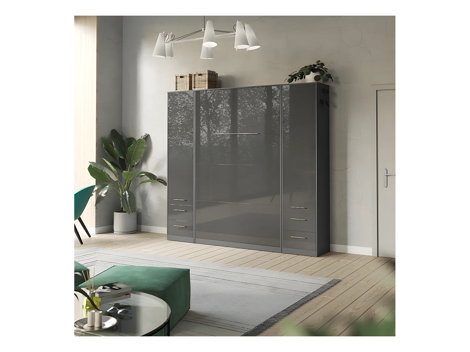 Lit escamotable +2 Placards Vertical 90x200+(50x2)cm Lit Rabattable Lit Mural Standard Anthracite/Anthracite brillant