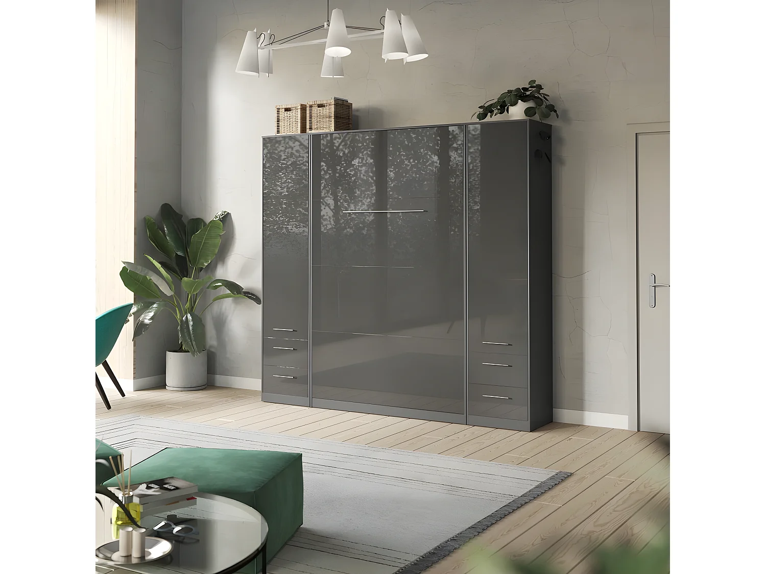 Lit escamotable +2 Placards Vertical 90x200+(50x2)cm Lit Rabattable Lit Mural Standard Anthracite/Anthracite brillant