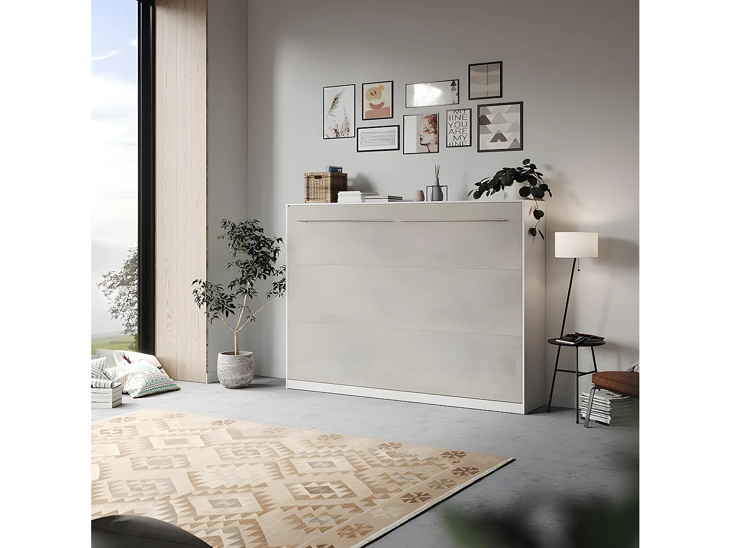 Armoire Lit escamotable 140x200cm Supérieur Horizontal Lit Rabattable Lit Mural Blanc/Béton