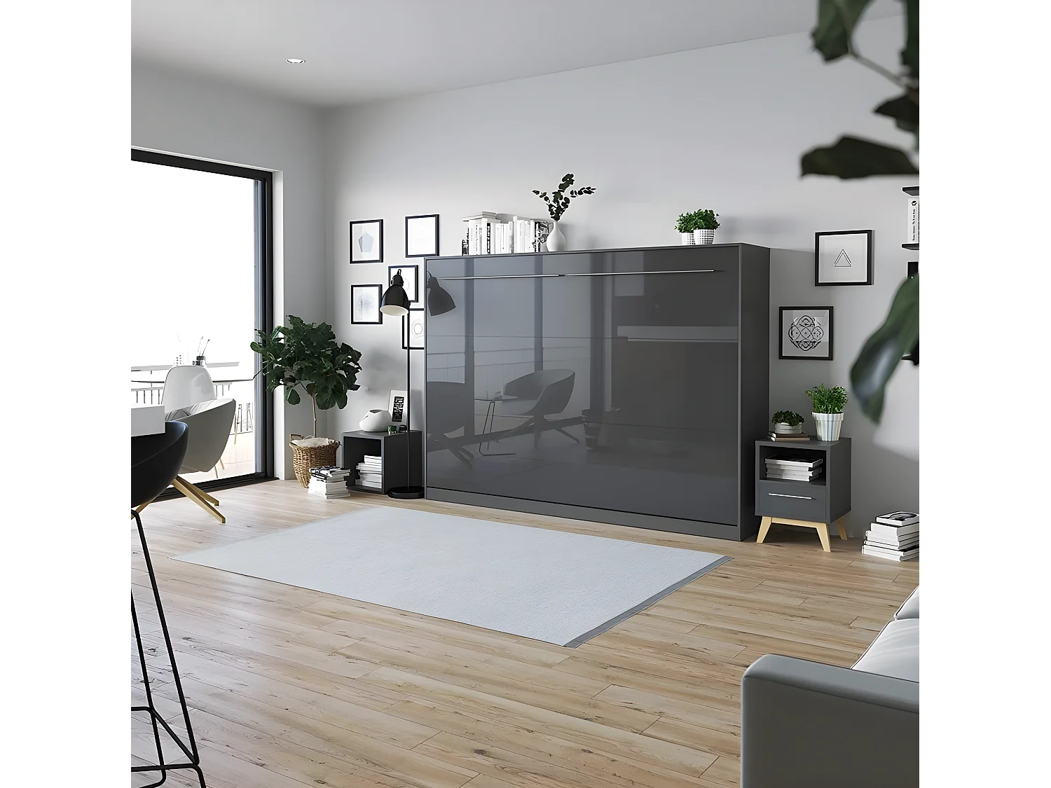 Armoire Lit escamotable 140x200cm Supérieur Horizontal Lit Rabattable Lit Mural Anthracite/Anthracite brillant