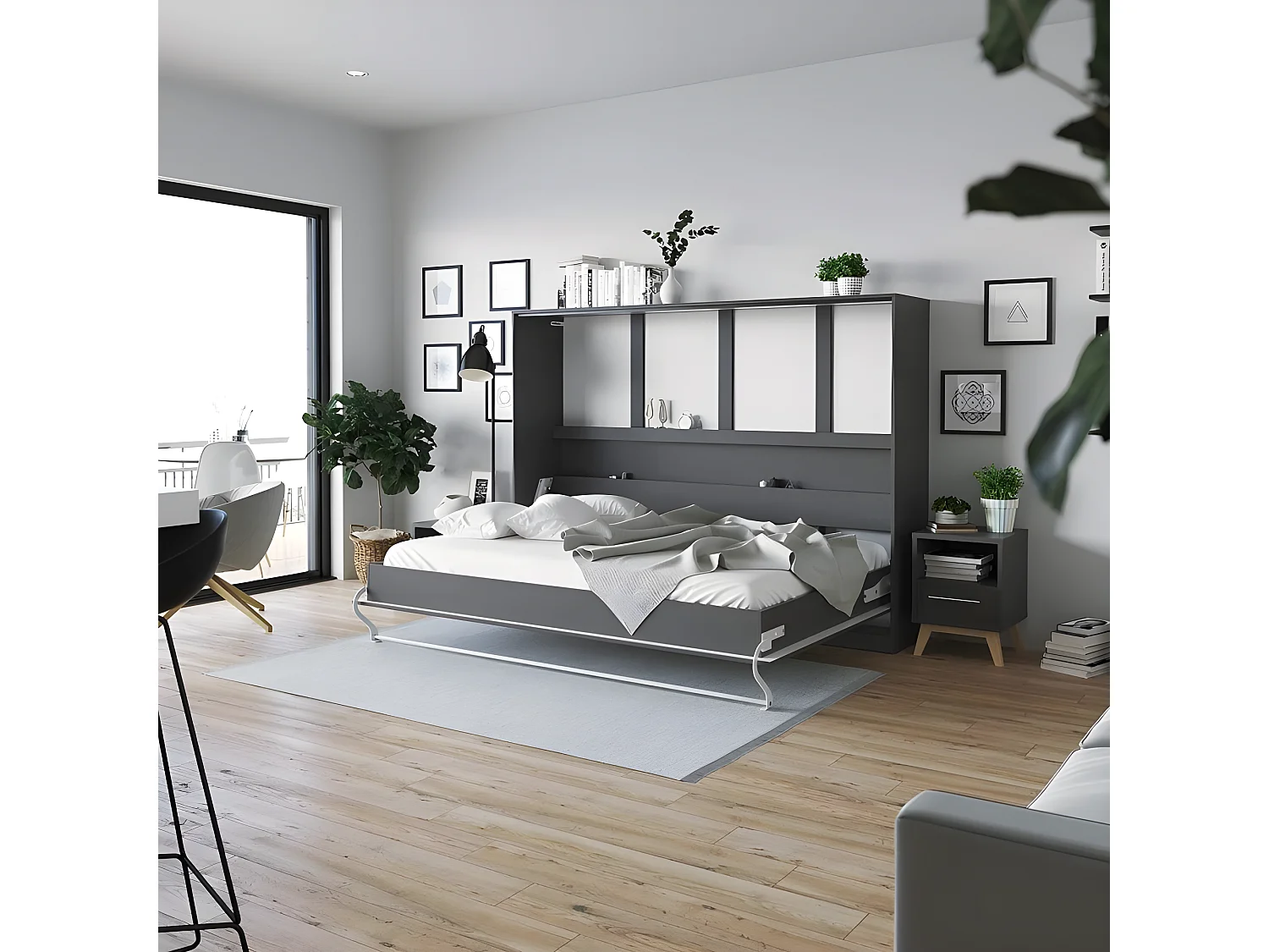 Armoire Lit escamotable 140x200cm Supérieur Horizontal Lit Rabattable Lit Mural Anthracite/Anthracite brillant
