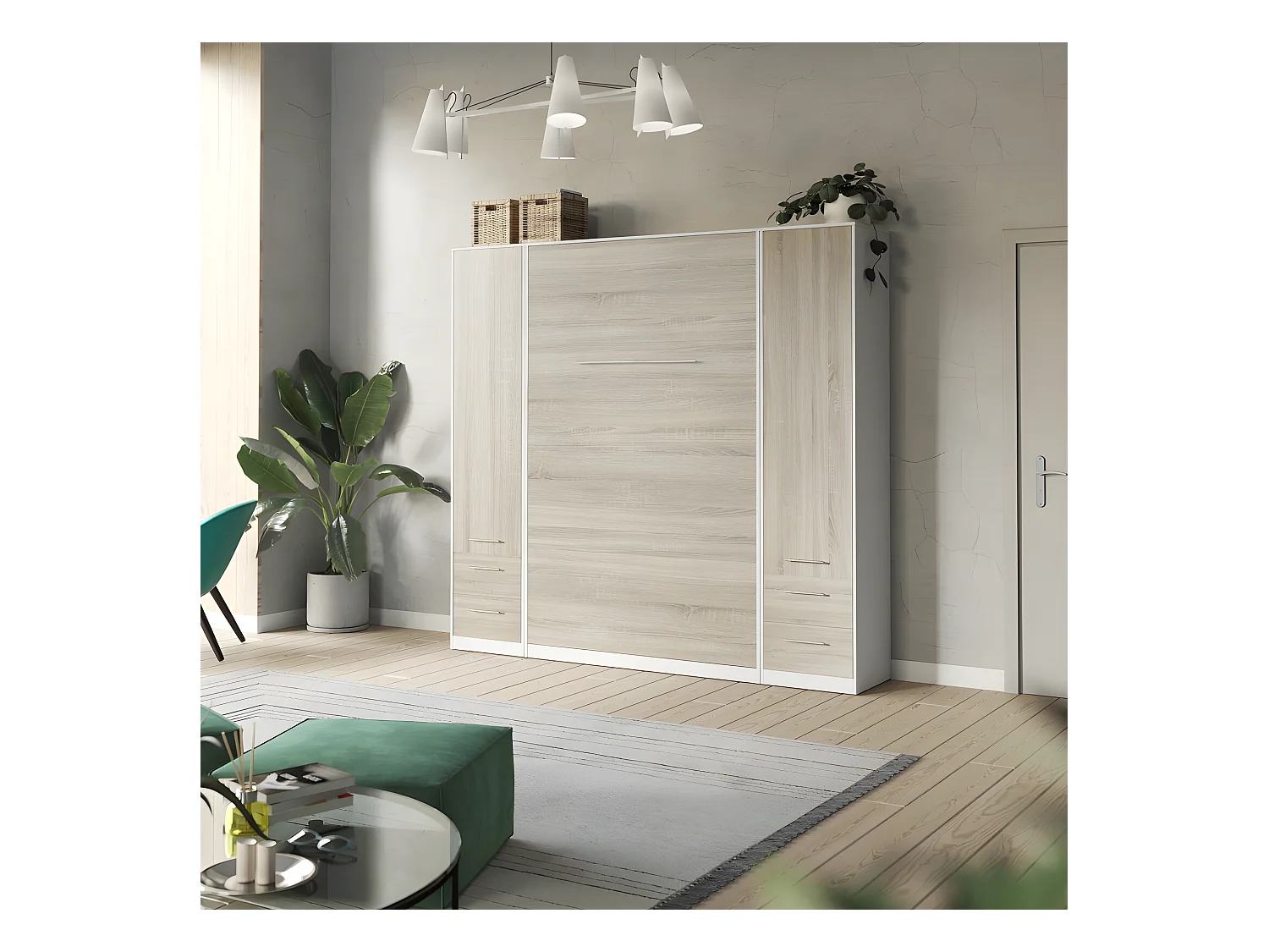 Lit escamotable +2 Placards Vertical 120x200+(50x2)cm Lit Rabattable Lit Mural Standard Blanc /Chêne Sonoma