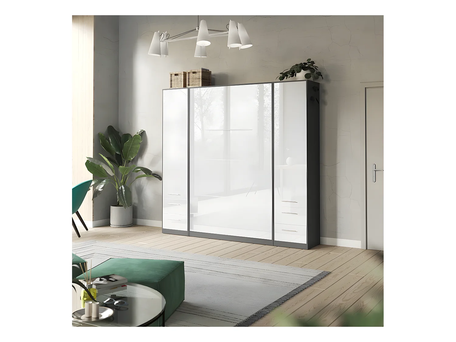 Lit escamotable +2 Placards Vertical 90x200+(50x2)cm Lit Rabattable Lit Mural Standard Anthracite/blanc brillant