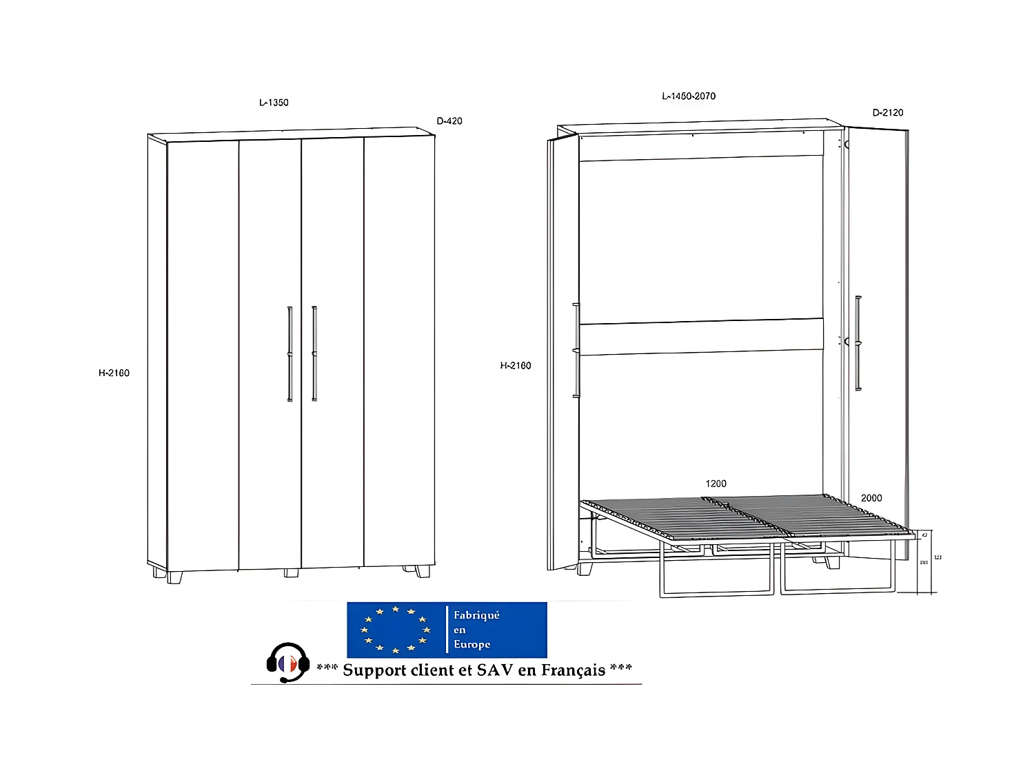 Armoire Lit escamotable Vertical 120x200 cm Chêne Artisan avec porte Lit Rabattable Lit Mural Todor