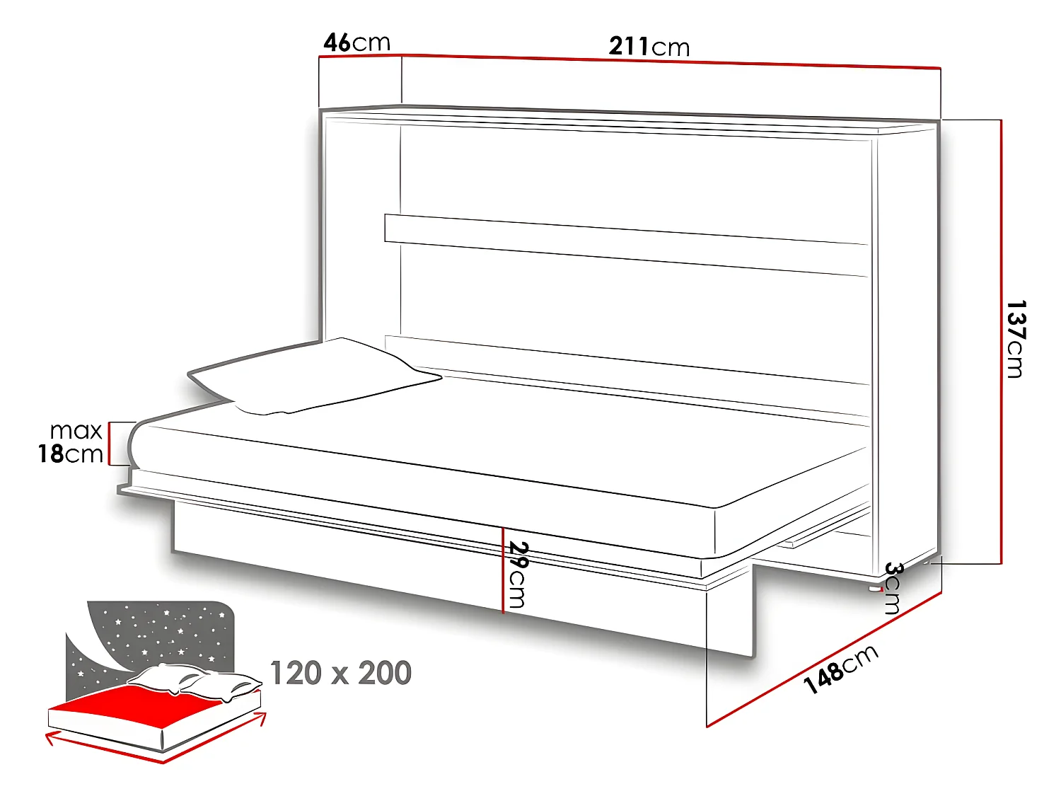 Lenart Armoire Lit escamotable Horizontal 120x200 cm Blanc mat Lit Rabattable Lit Mural"Consus"