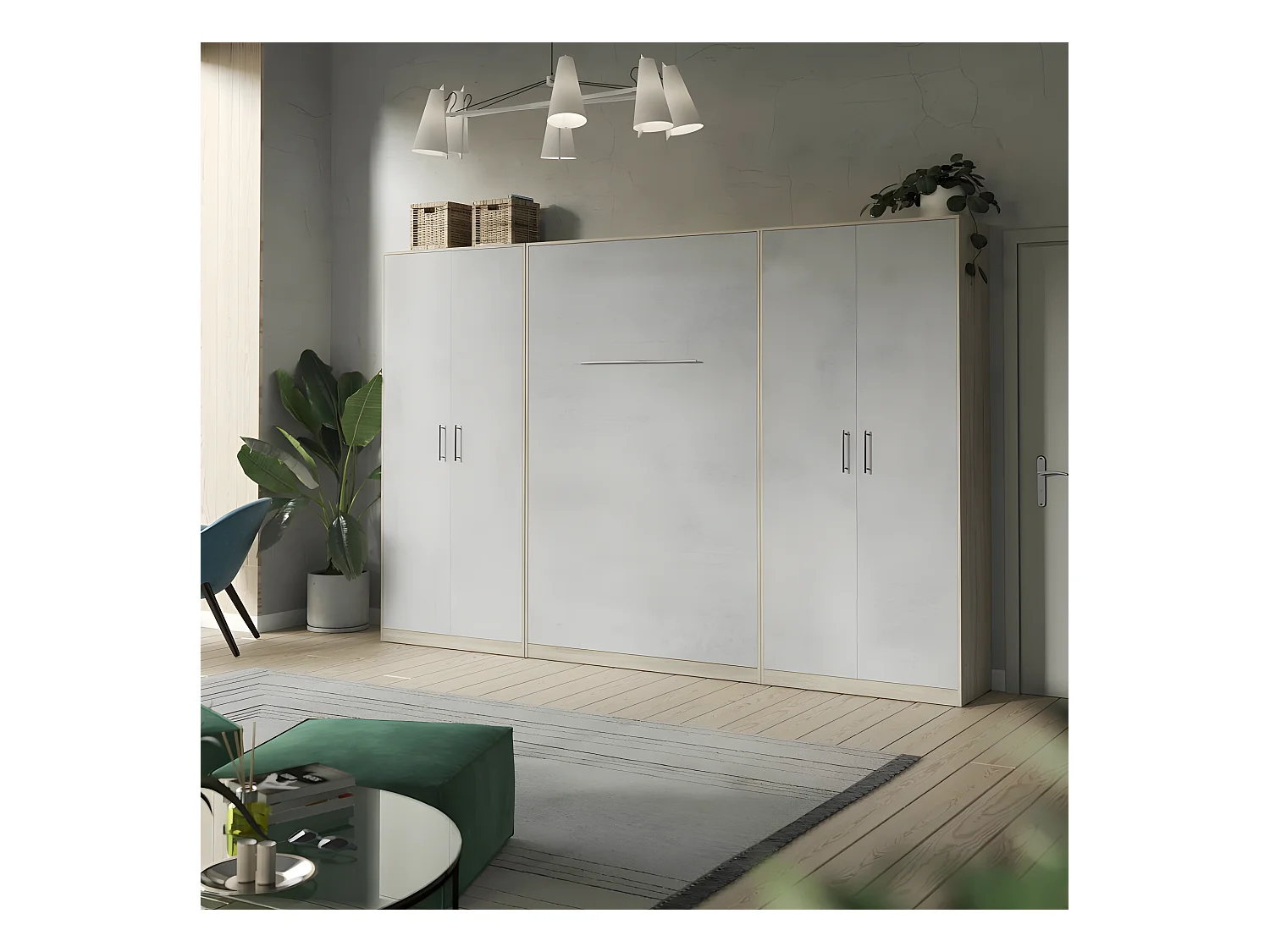 Lit escamotable +2 Placards Vertical 140x200+(100x2)cm Lit Rabattable Lit Mural Standard Chêne Sonoma/Béton