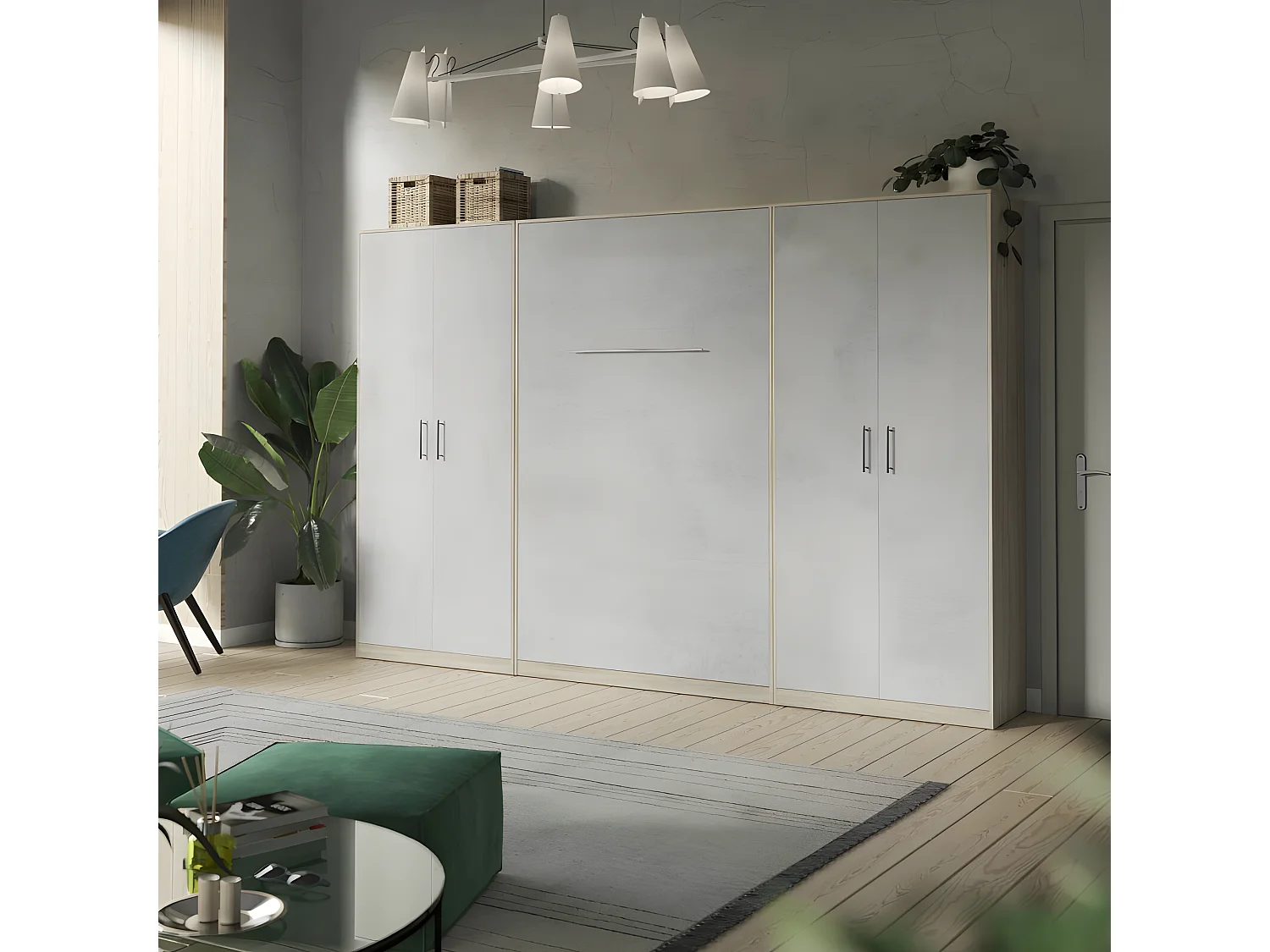 Lit escamotable +2 Placards Vertical 140x200+(100x2)cm Lit Rabattable Lit Mural Standard Chêne Sonoma/Béton