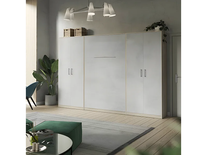 Lit escamotable +2 Placards Vertical 140x200+(100x2)cm Lit Rabattable Lit Mural Standard Chêne Sonoma/Béton