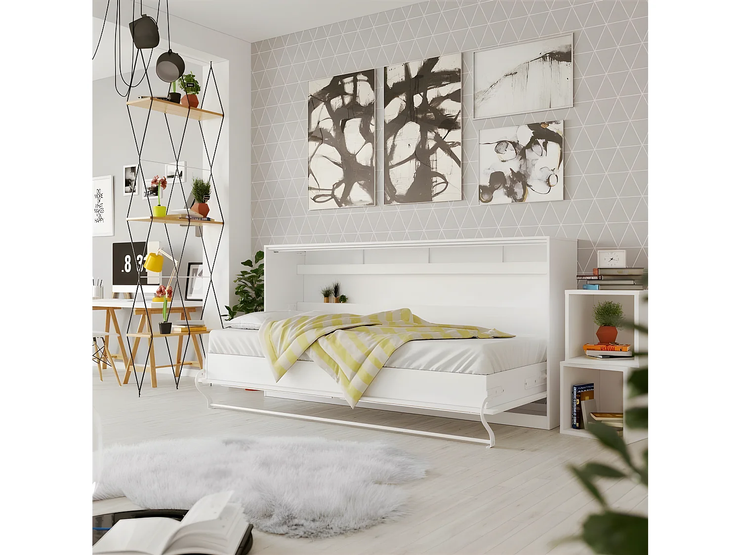 Armoire Lit escamotable 90x200cm Supérieur Horizontal Lit Rabattable Lit Mural Blanc/blanc