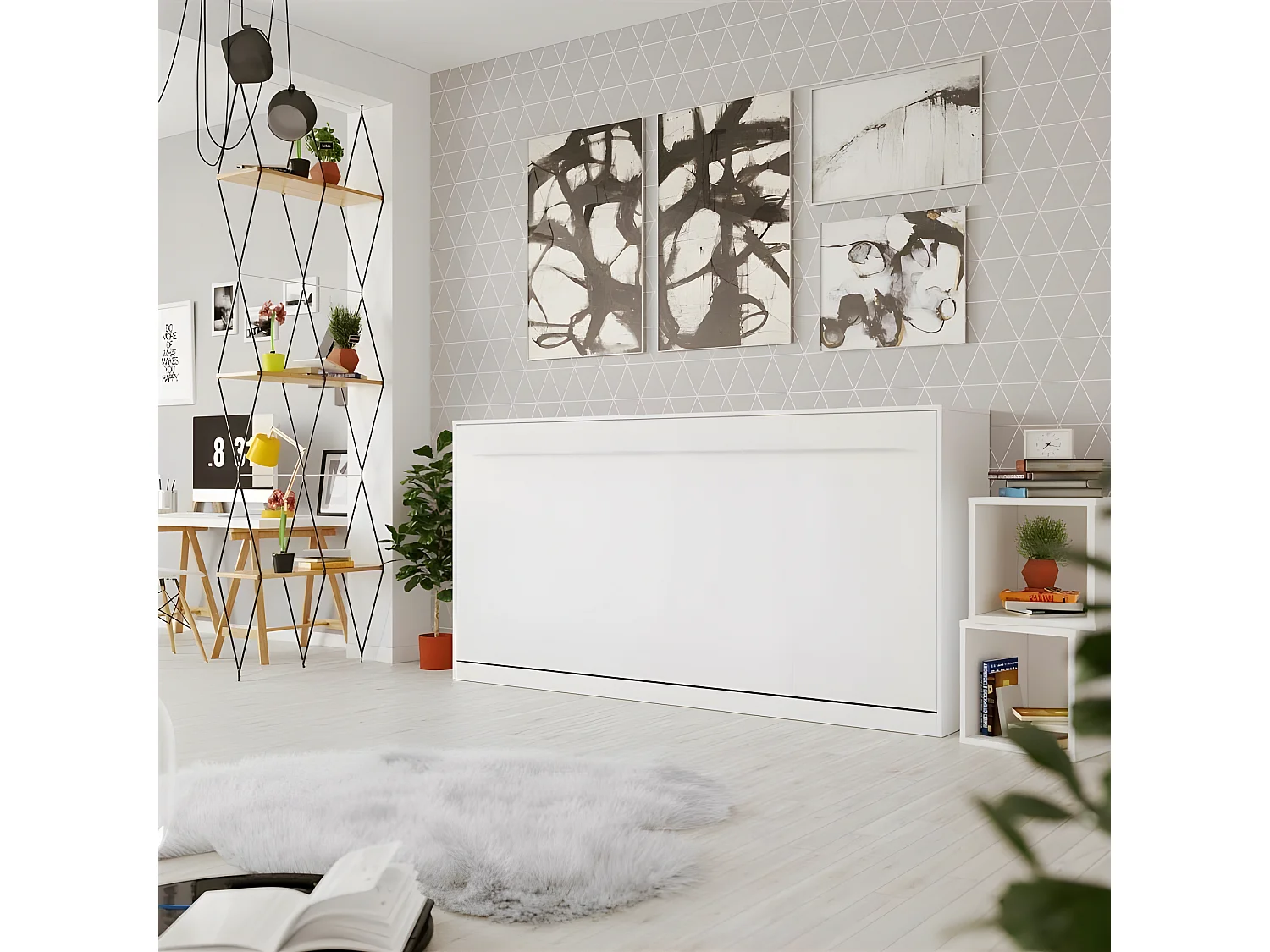 Armoire Lit escamotable 90x200cm Supérieur Horizontal Lit Rabattable Lit Mural Blanc/blanc