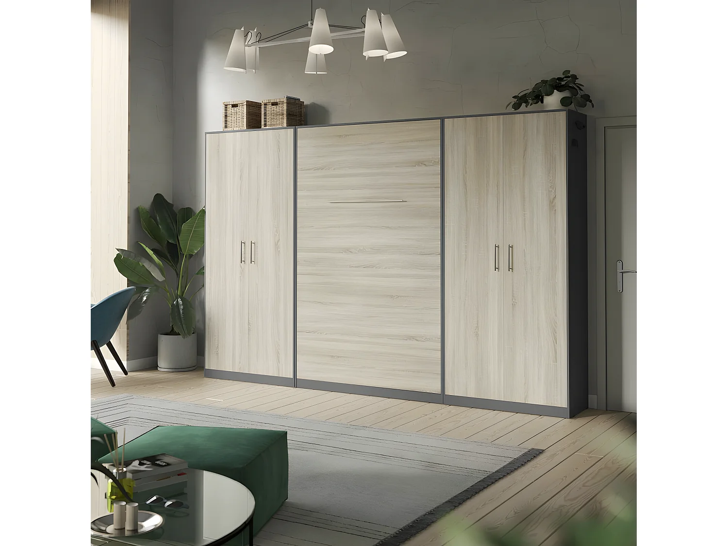 Lit escamotable +2 Placards Vertical 90x200+(100x2)cm Lit Rabattable Lit Mural Standard Anthracite/Chêne Sonoma