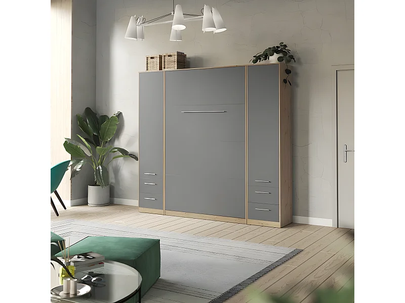 Lit escamotable +2 Placards Vertical 140x200+(50x2)cm Lit Rabattable Lit Mural Standard Chêne Sauvage/Anthracite