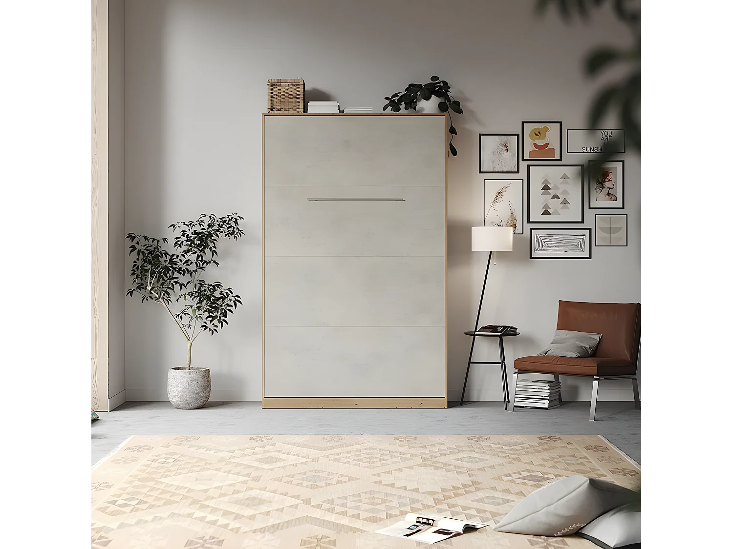 Armoire Lit escamotable 120x200cm Vertical Lit Rabattable Lit Mural Supérieur Chêne Sauvage/Béton