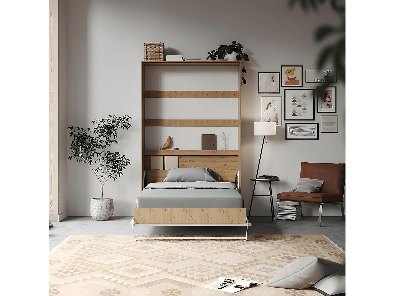 Armoire Lit escamotable 120x200cm Vertical Lit Rabattable Lit Mural Supérieur Chêne Sauvage/Béton