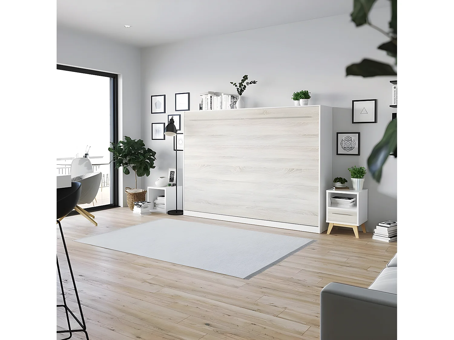 Armoire Lit escamotable 140x200cm Supérieur Horizontal Lit Rabattable Lit Mural Chêne Sonoma/Blanc