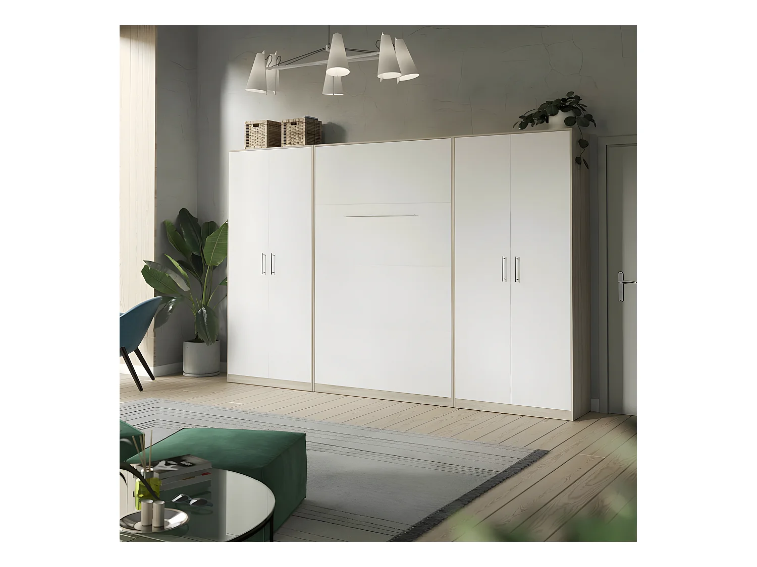 Lit escamotable +2 Placards Vertical 90x200+(100x2)cm Lit Rabattable Lit Mural Standard Chêne Sonoma/Blanc