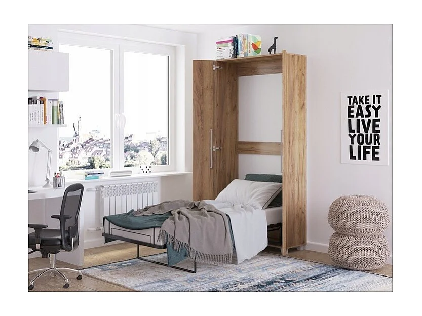 Armoire Lit escamotable Vertical 90x200 cm Or Artisan avec porte Lit Rabattable Lit Mural Todor