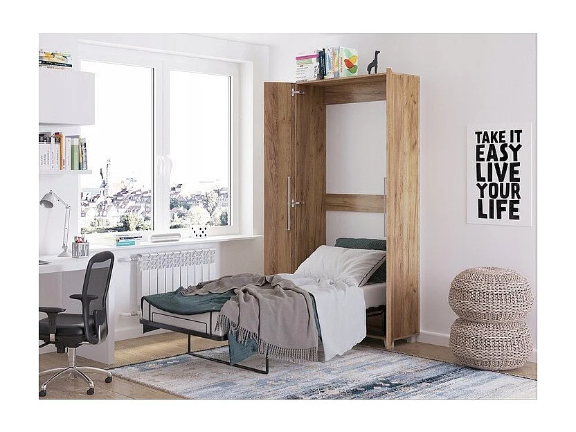 Armoire Lit escamotable Vertical 90x200 cm Or Artisan avec porte Lit Rabattable Lit Mural Todor