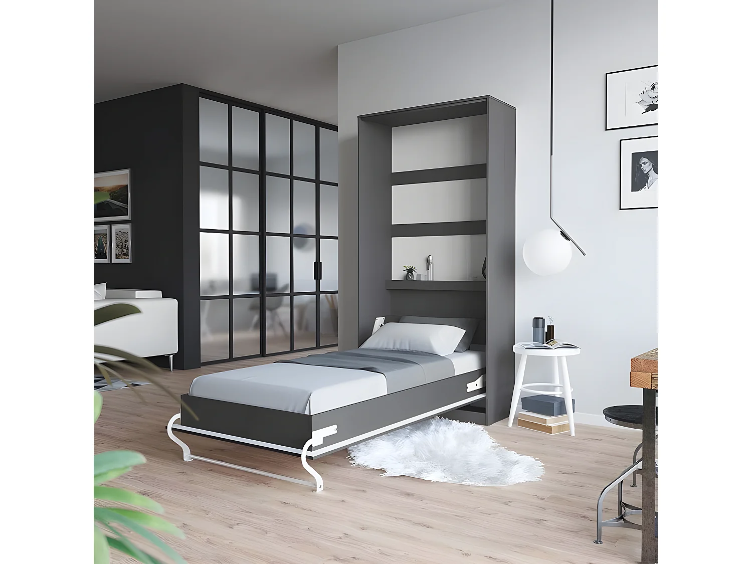 Armoire Lit escamotable 90x200cm Vertical Lit Rabattable Lit Mural Supérieur Anthracite/Anthracite