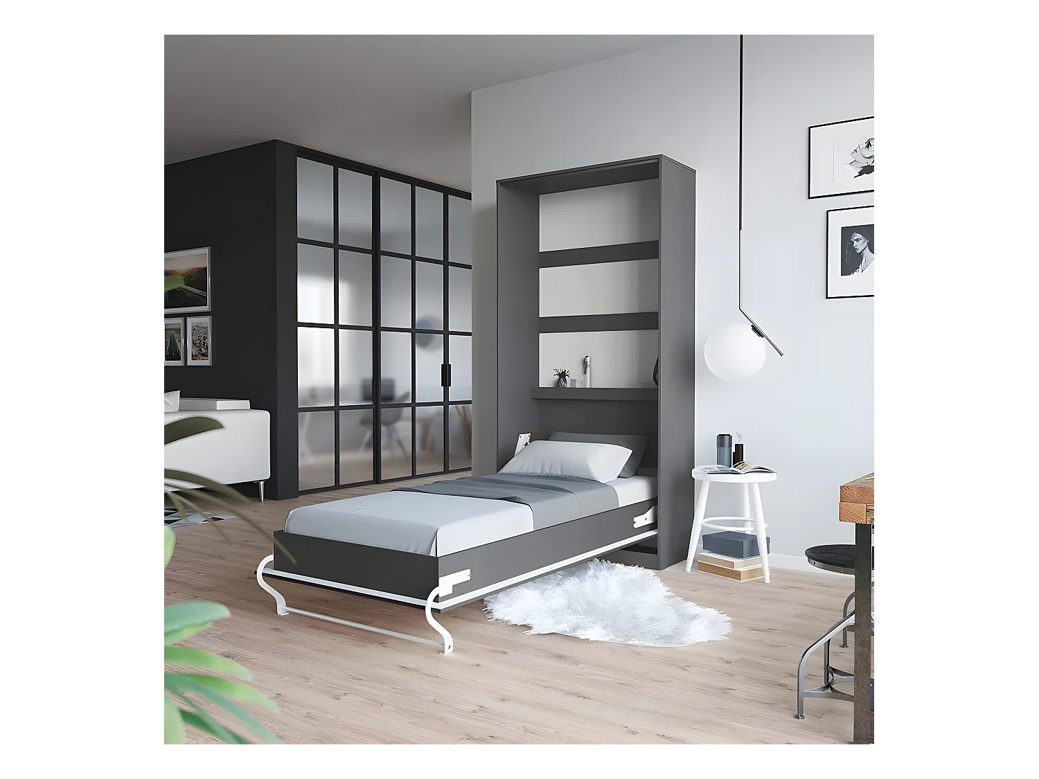 Armoire Lit escamotable 90x200cm Vertical Lit Rabattable Lit Mural Supérieur Anthracite/Anthracite