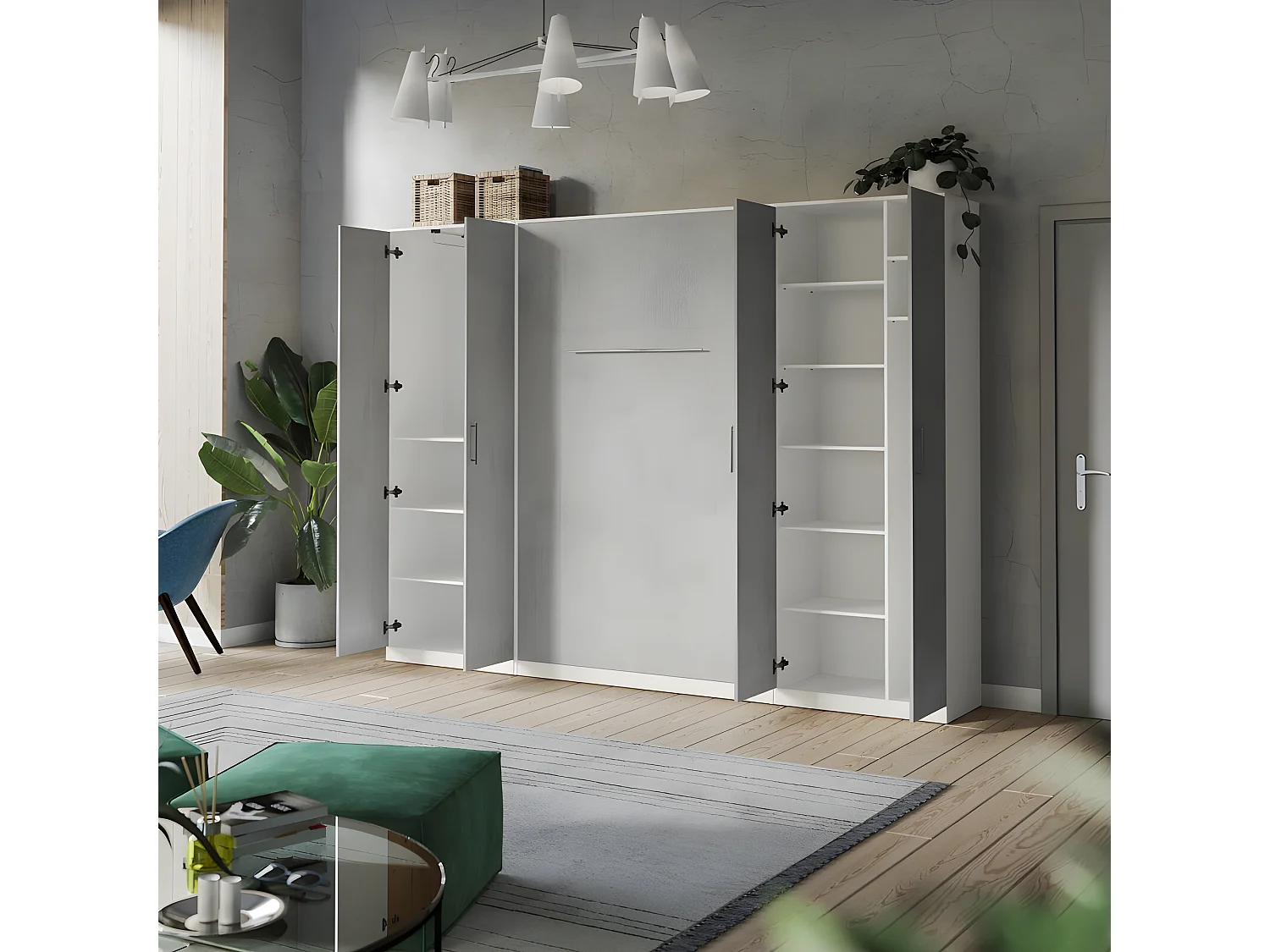 Lit escamotable +2 Placards Vertical 90x200+(80x2)cm Lit Rabattable Lit Mural Standard Blanc/Béton