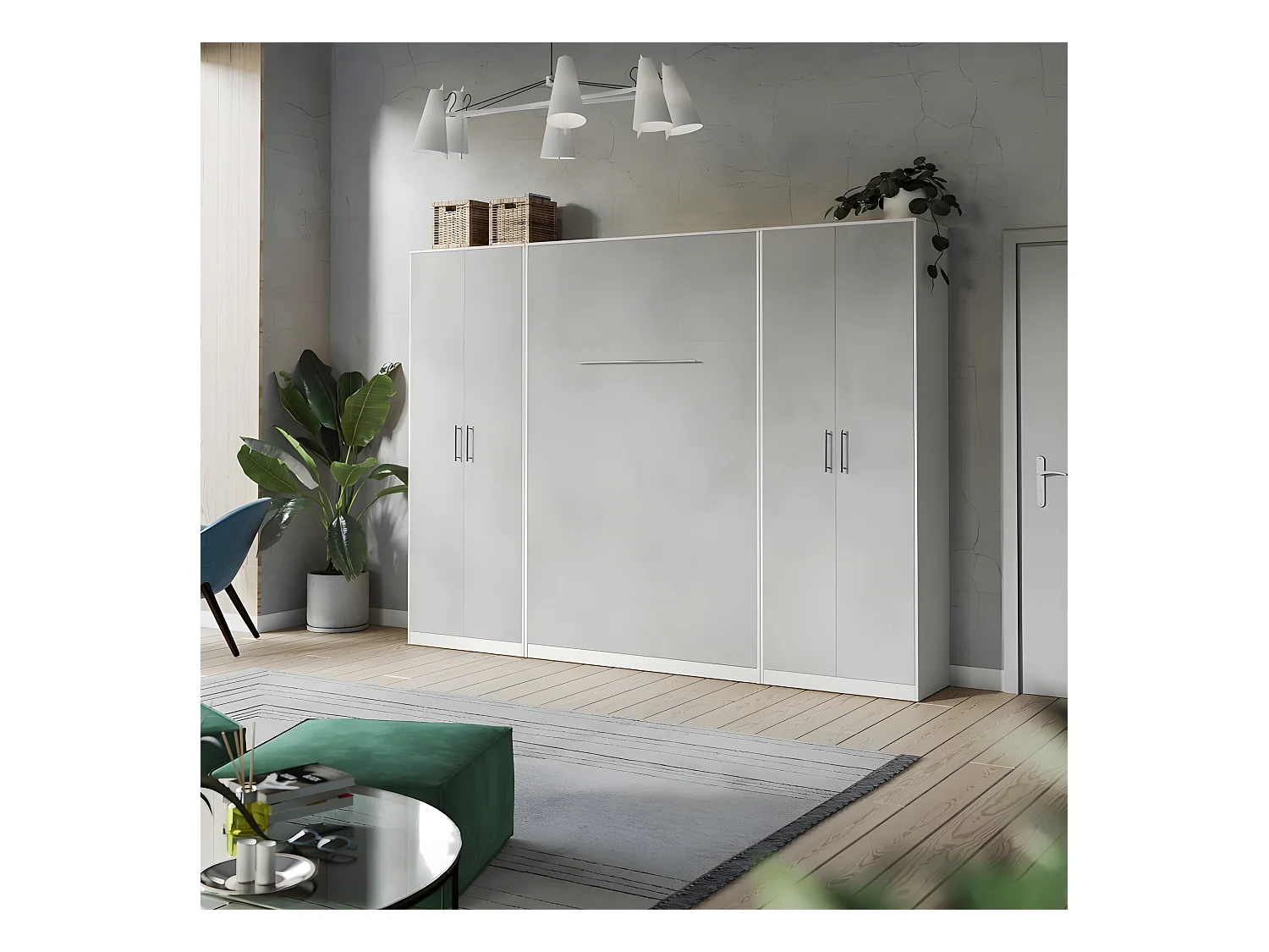 Lit escamotable +2 Placards Vertical 90x200+(80x2)cm Lit Rabattable Lit Mural Standard Blanc/Béton