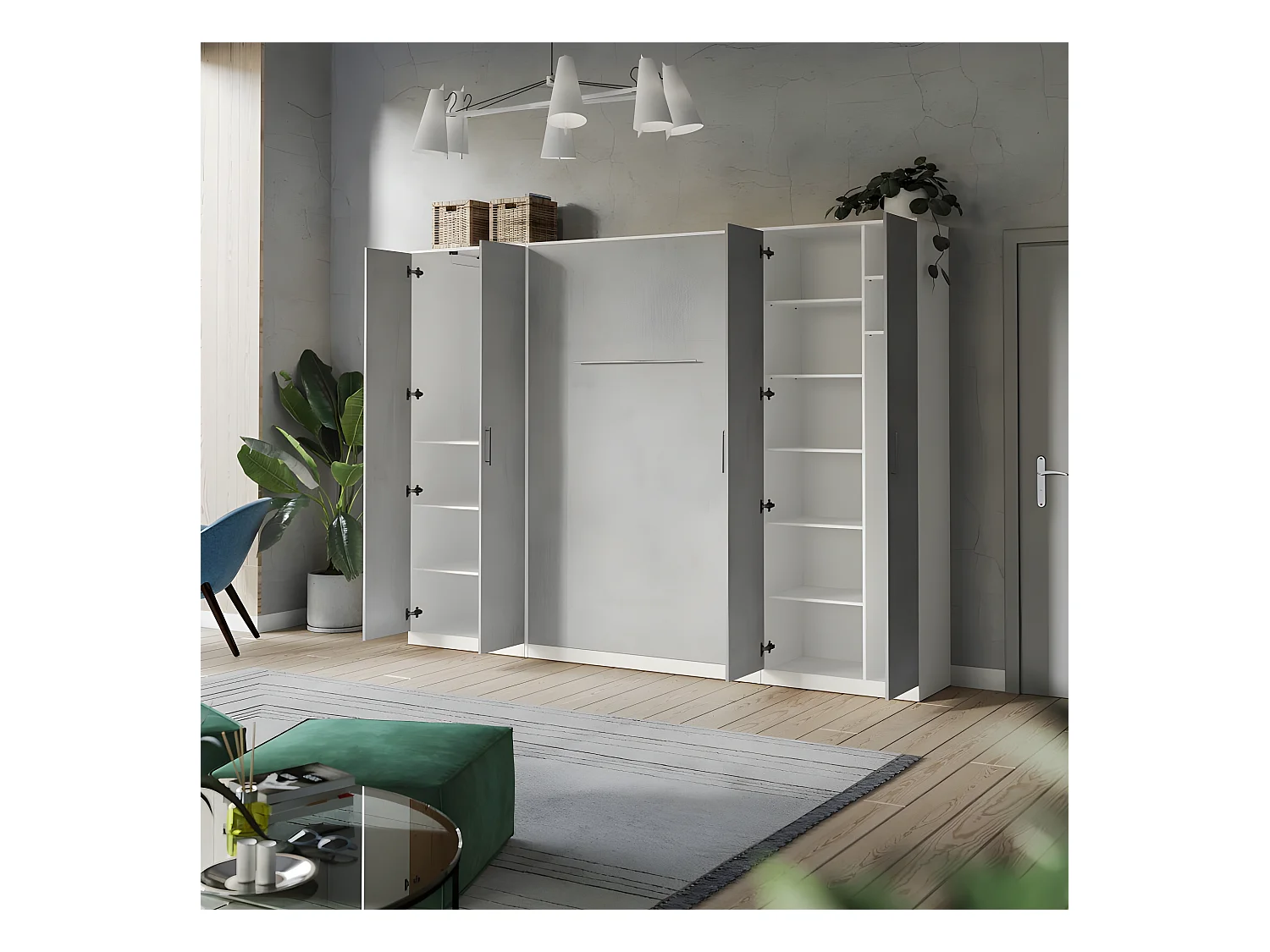Lit escamotable +2 Placards Vertical 90x200+(80x2)cm Lit Rabattable Lit Mural Standard Blanc/Béton