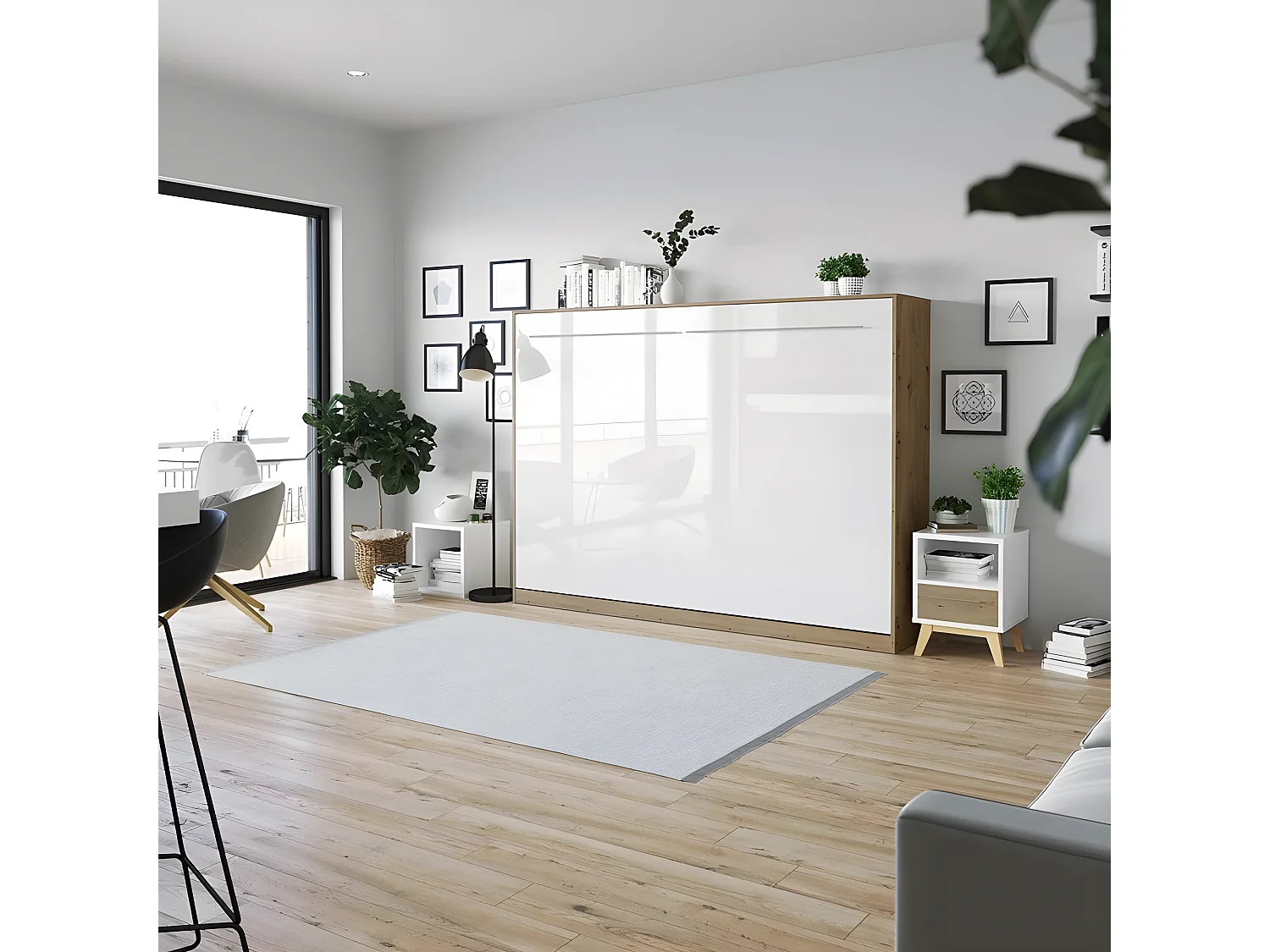 Armoire Lit escamotable 140x200cm Supérieur Horizontal Lit Rabattable Lit Mural Chêne Sauvage/blanc brillant