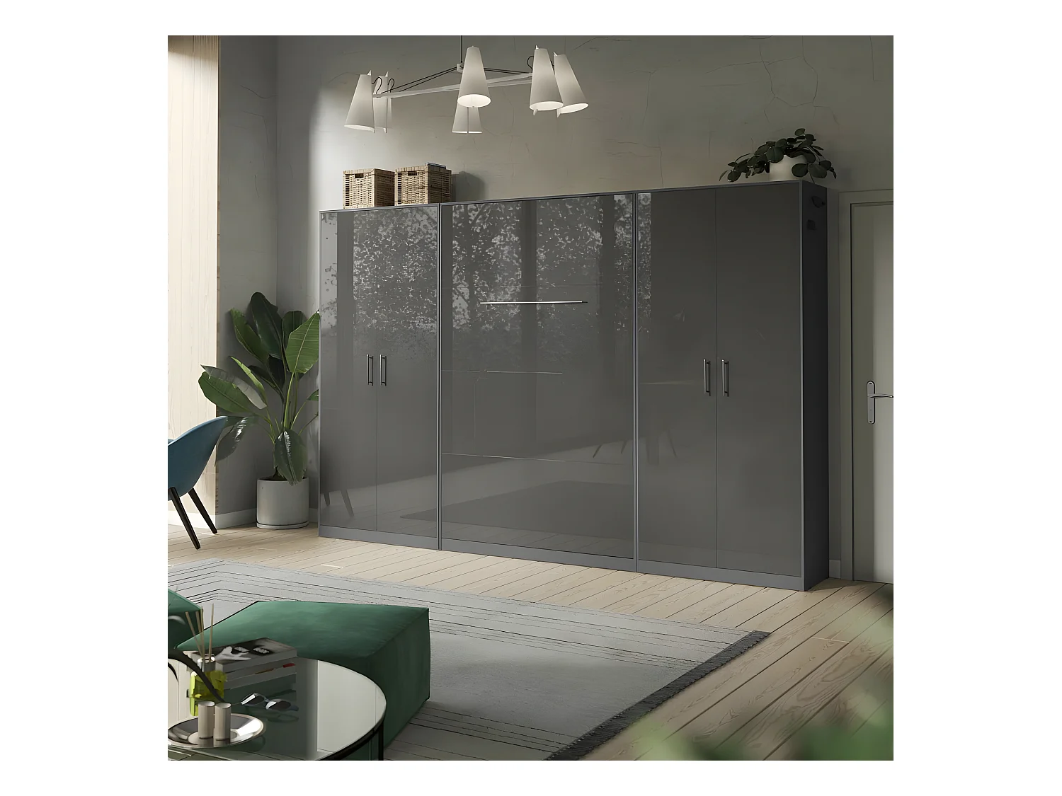 Lit escamotable +2 Placards Vertical 90x200+(80x2)cm Lit Rabattable Lit Mural Standard Anthracite/Anthracite brillant