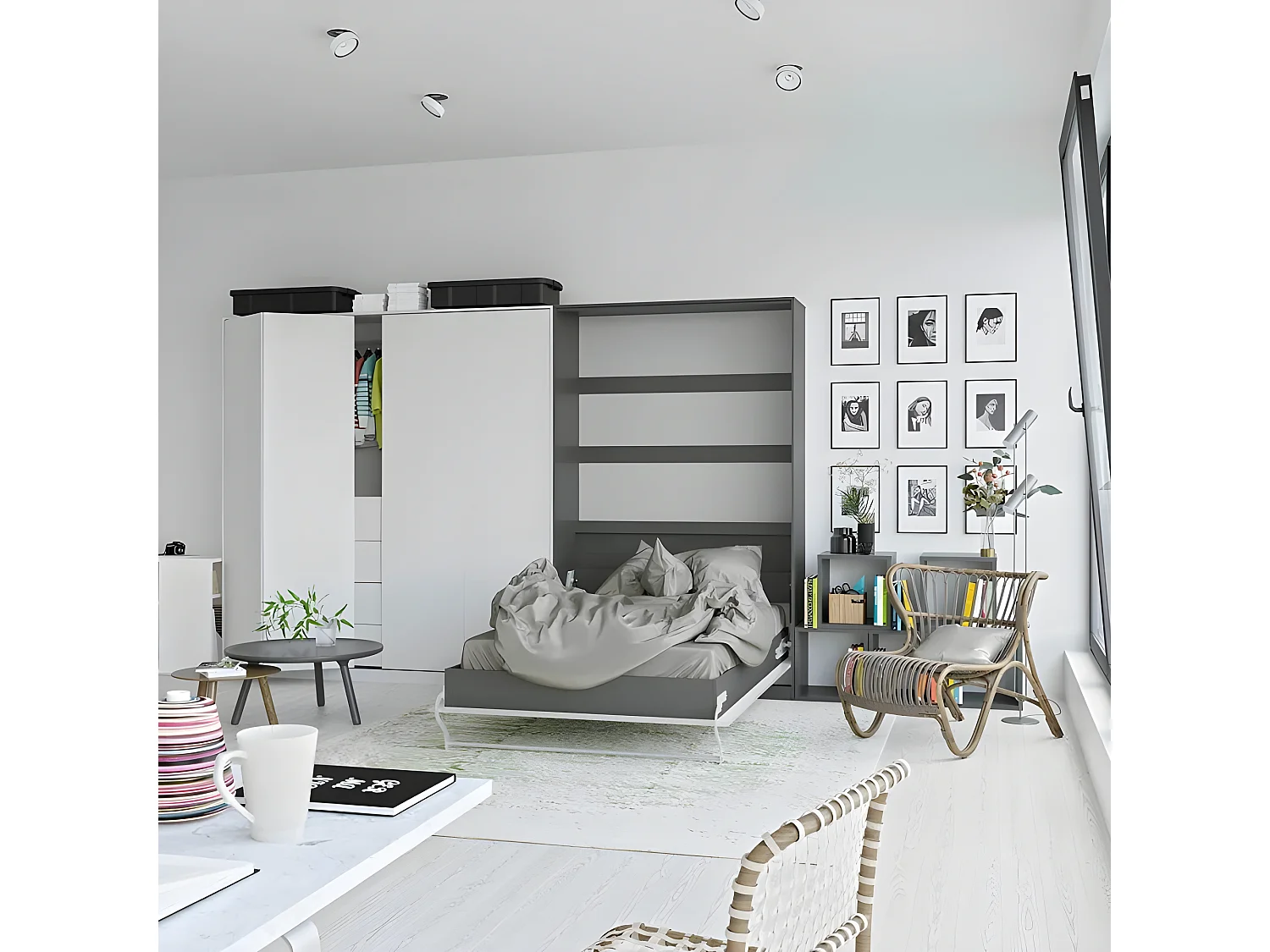 Armoire Lit escamotable 120x200cm Vertical Lit Rabattable Lit Mural Supérieur Anthracite/blanc brillant