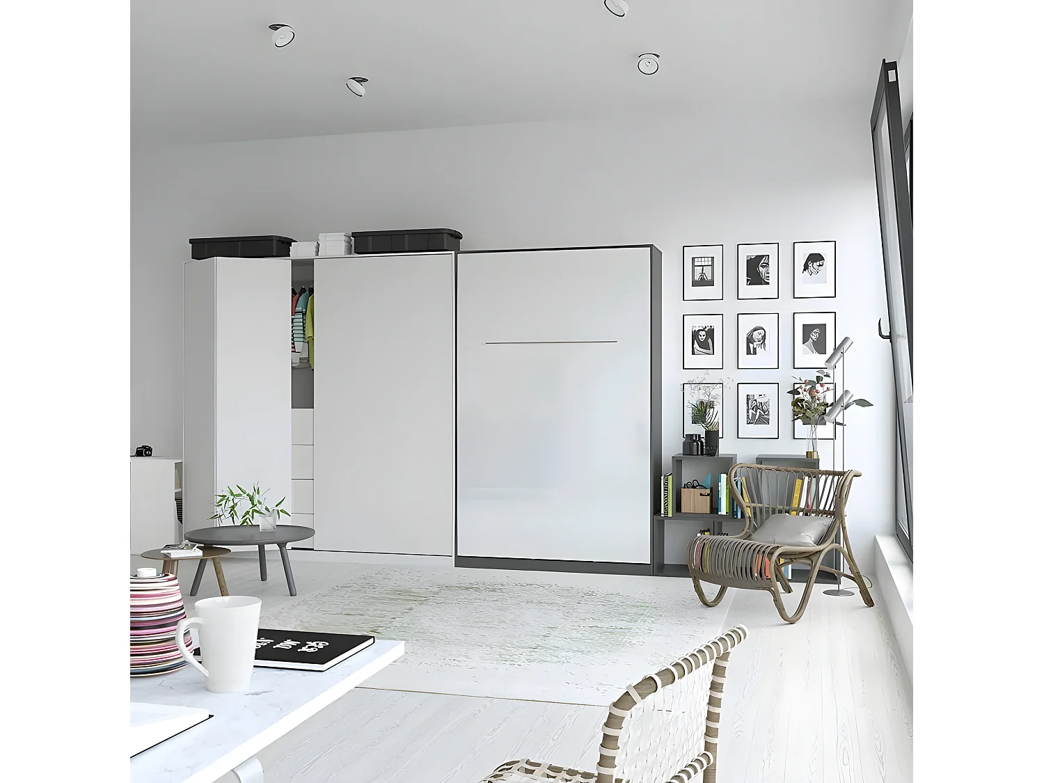 Armoire Lit escamotable 120x200cm Vertical Lit Rabattable Lit Mural Supérieur Anthracite/blanc brillant