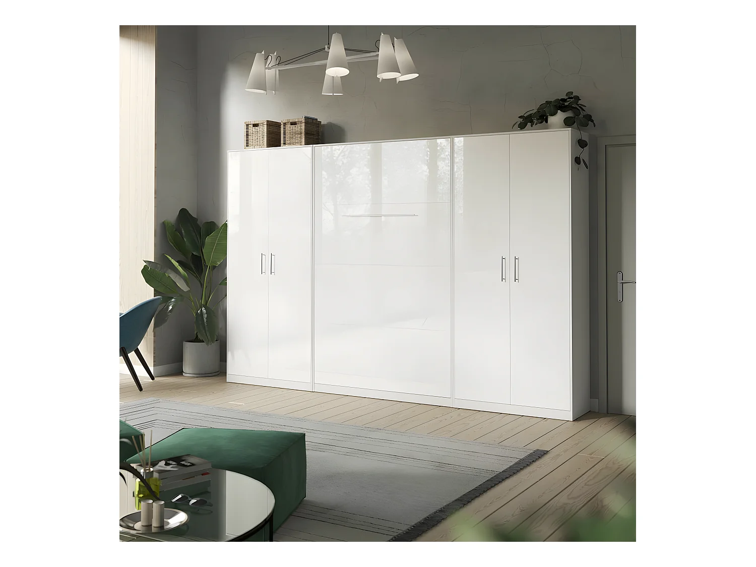 Lit escamotable +2 Placards Vertical 90x200+(80x2)cm Lit Rabattable Lit Mural Standard Blanc/Blanc brillant