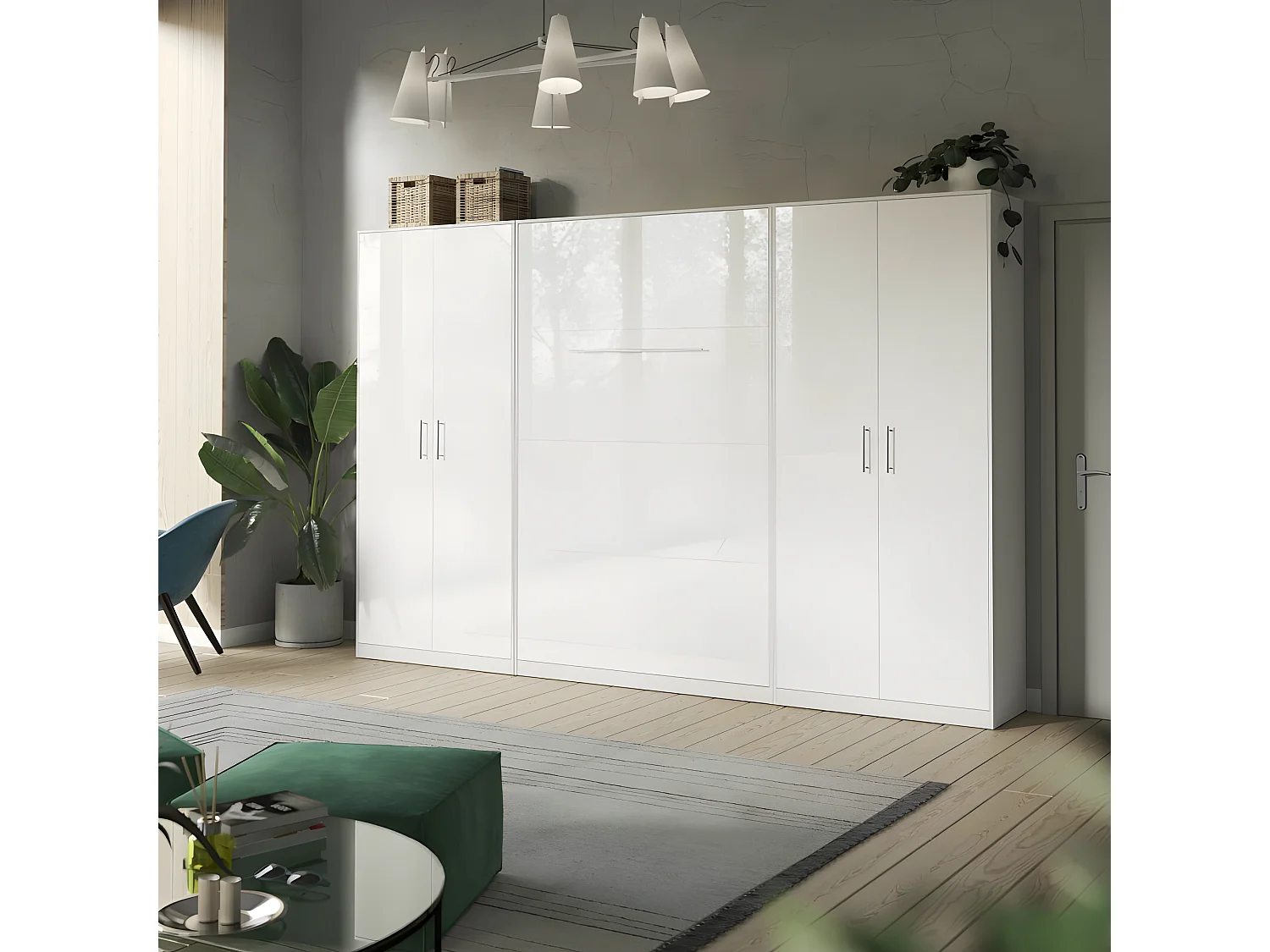 Lit escamotable +2 Placards Vertical 90x200+(80x2)cm Lit Rabattable Lit Mural Standard Blanc/Blanc brillant