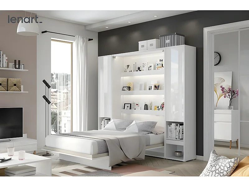 Lenart Armoire Lit escamotable +2 Placards tiroir Vertical 140x200 cm blanc brillant tiroir Lit Rabattable Lit Mural"Consus"