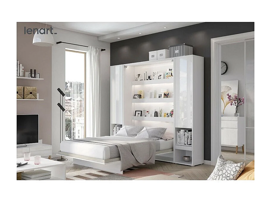Lenart Armoire Lit escamotable +2 Placards tiroir Vertical 140x200 cm blanc brillant tiroir Lit Rabattable Lit Mural"Consus"