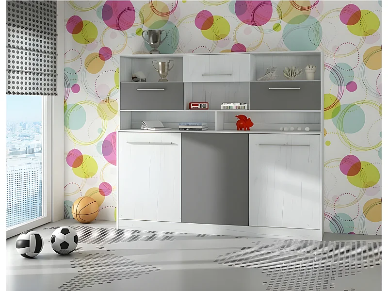 Armoire Lit escamotable Horizontal 90x200 cm avec étagères Blanc artisan/Graphite Lit Rabattable Lit Mural Roddy