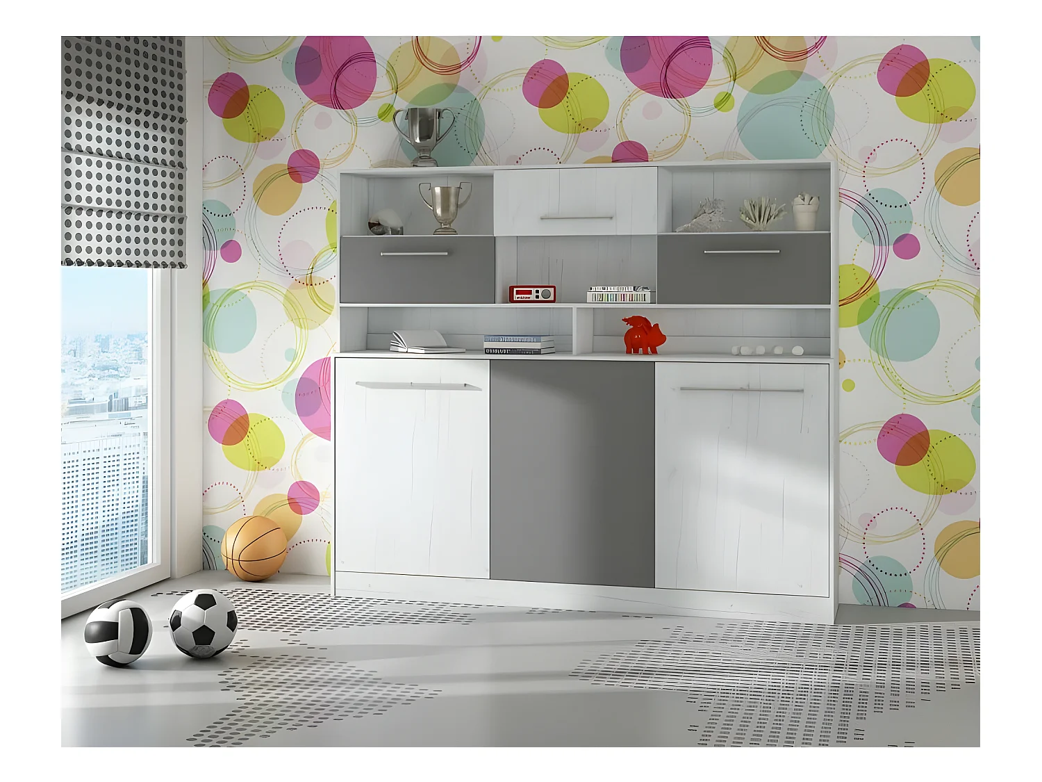 Armoire Lit escamotable Horizontal 90x200 cm avec étagères Blanc artisan/Graphite Lit Rabattable Lit Mural Roddy
