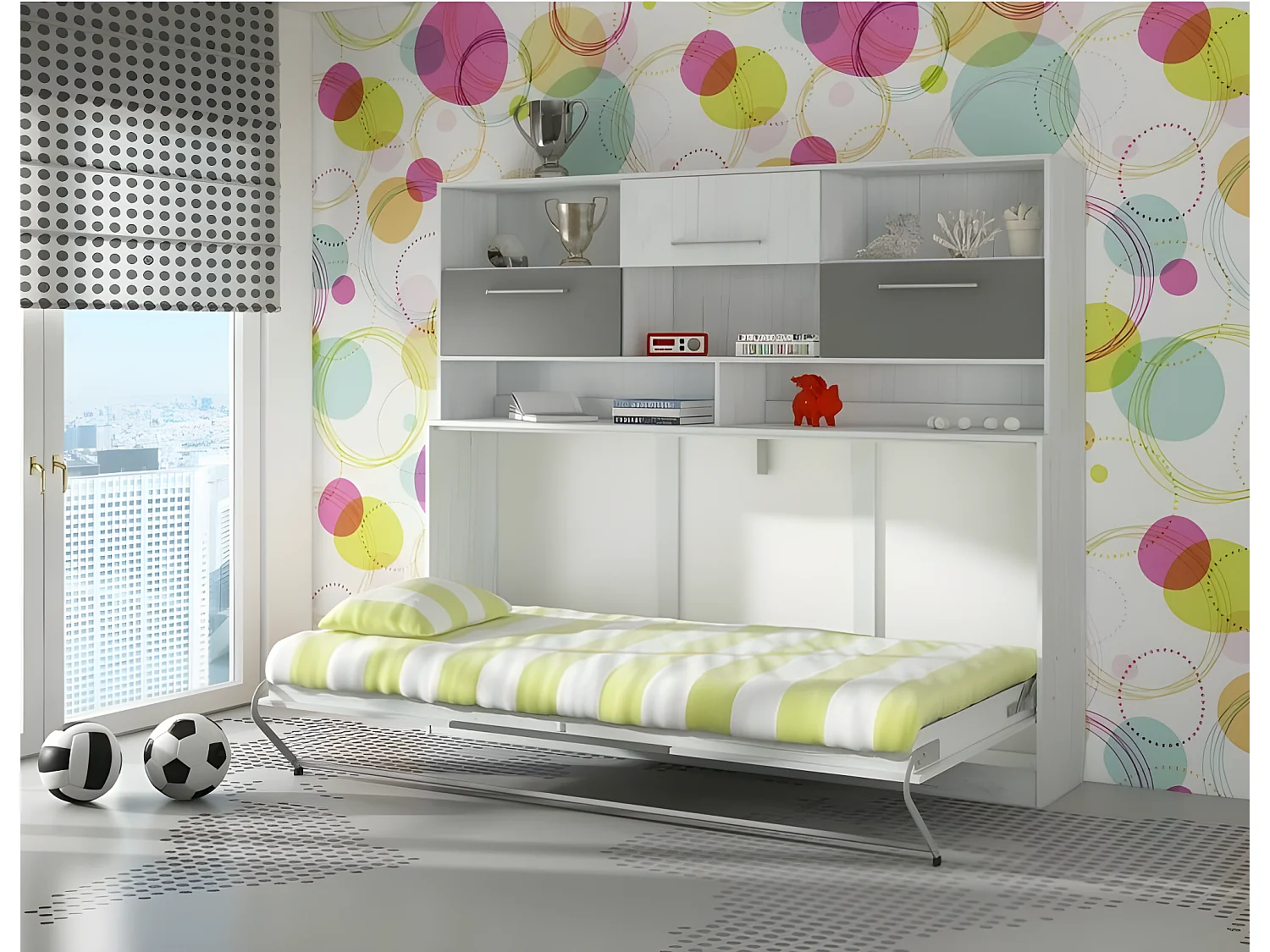 Armoire Lit escamotable Horizontal 90x200 cm avec étagères Blanc artisan/Graphite Lit Rabattable Lit Mural Roddy