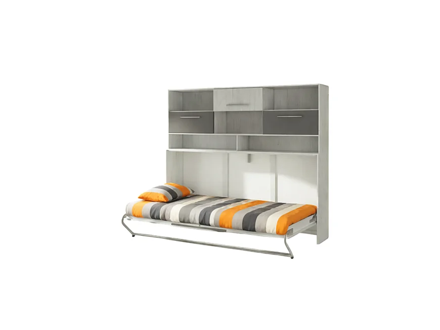 Armoire Lit escamotable Horizontal 90x200 cm avec étagères Blanc artisan/Graphite Lit Rabattable Lit Mural Roddy