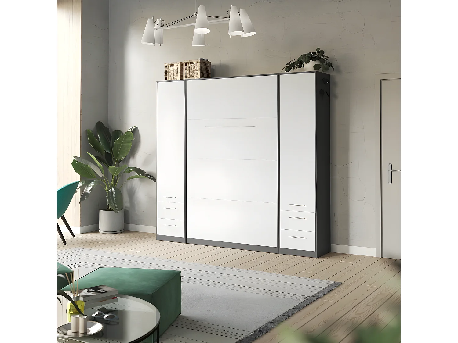 Lit escamotable +2 Placards Vertical 140x200+(50x2)cm Lit Rabattable Lit Mural Standard Anthracite/Blanc