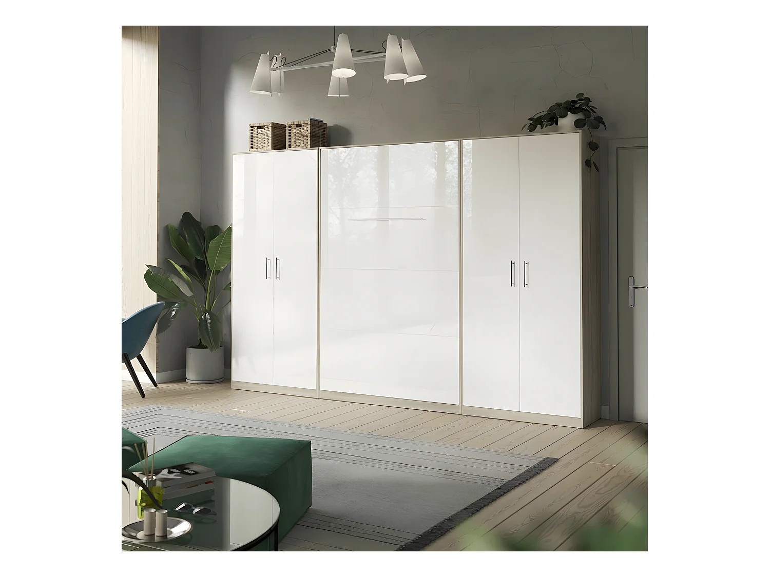 Lit escamotable +2 Placards Vertical 90x200+(100x2)cm Lit Rabattable Lit Mural Standard Chêne Sonoma/Blanc brillant