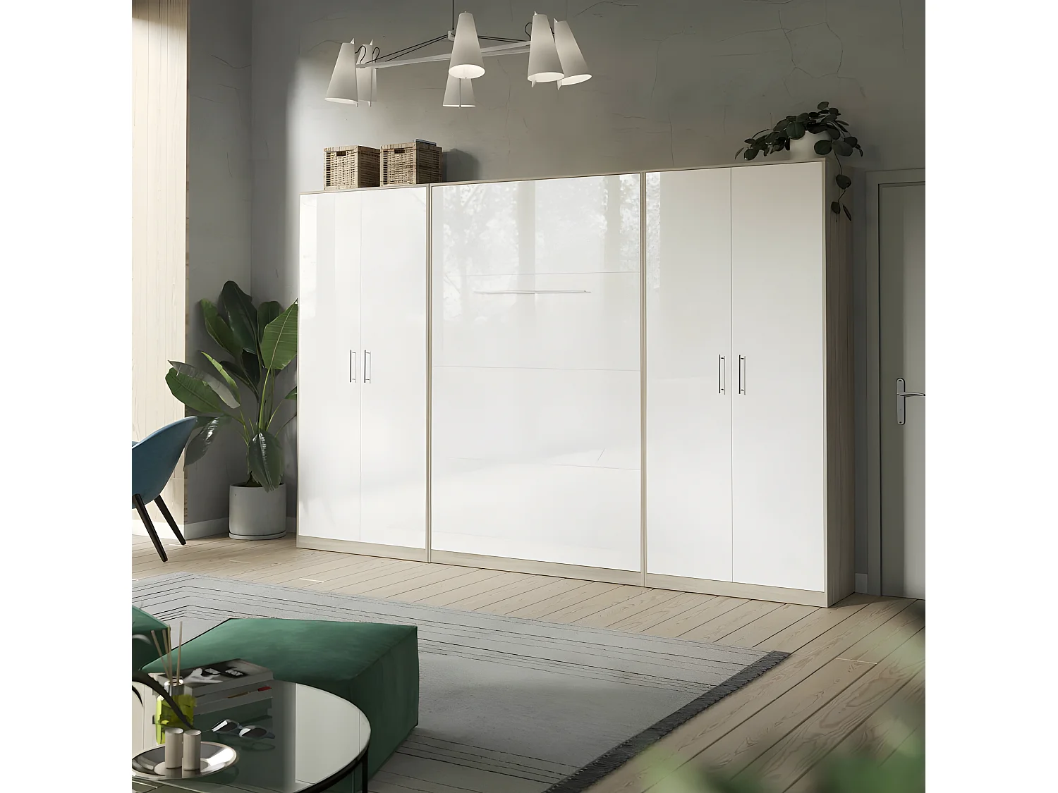 Lit escamotable +2 Placards Vertical 90x200+(100x2)cm Lit Rabattable Lit Mural Standard Chêne Sonoma/Blanc brillant