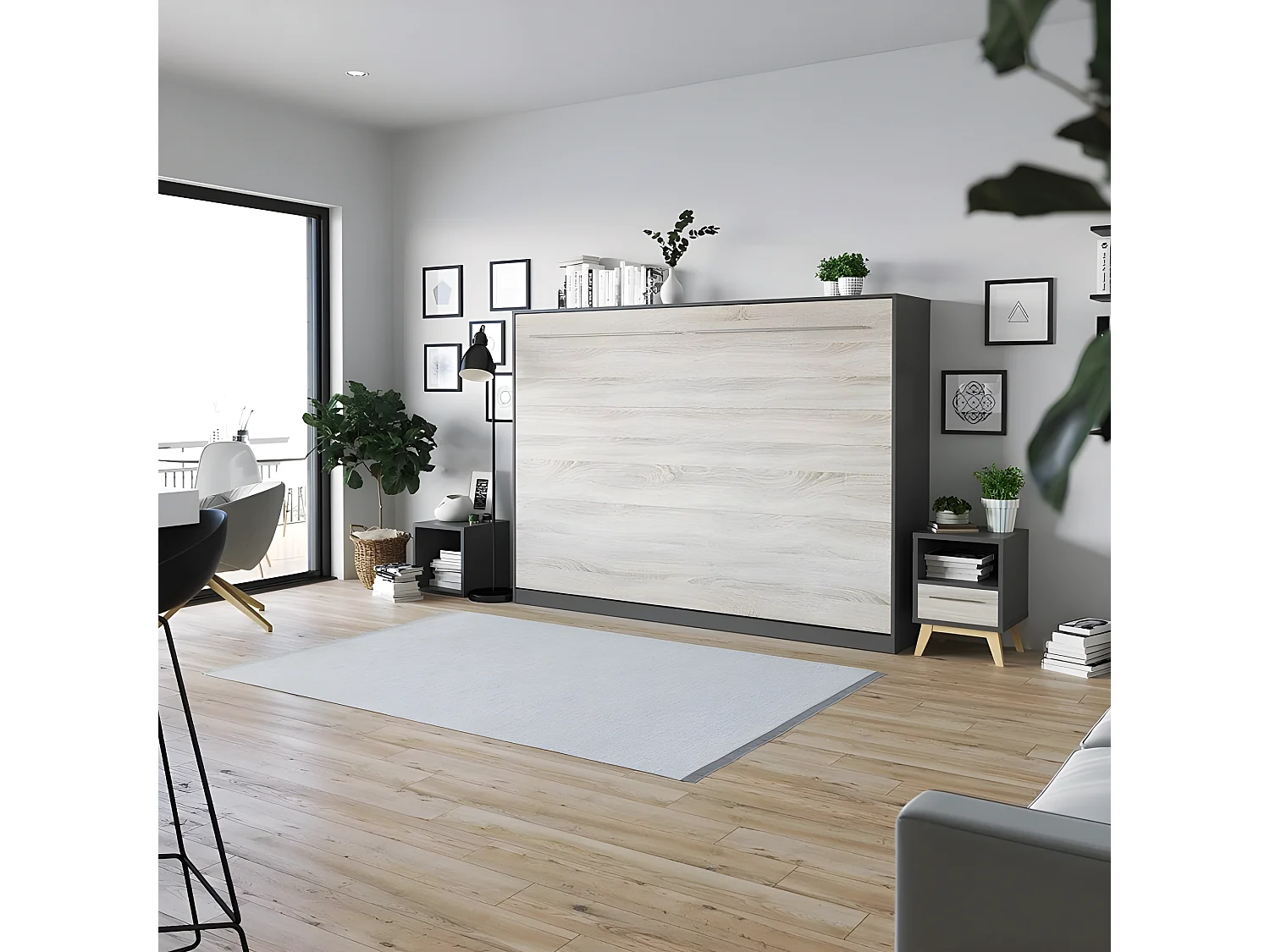 Armoire Lit escamotable 140x200cm Supérieur Horizontal Lit Rabattable Lit Mural Anthracite/Chêne Sonoma