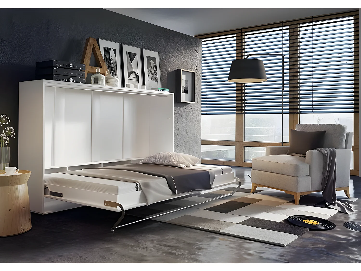 Lenart Armoire Lit escamotable Horizontal 140x200 cm Blanc brillant Lit Rabattable Lit Mural Consus pro