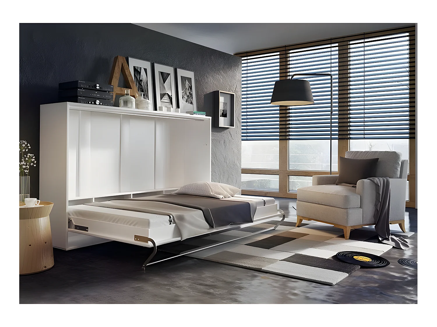 Lenart Armoire Lit escamotable Horizontal 140x200 cm Blanc brillant Lit Rabattable Lit Mural Consus pro