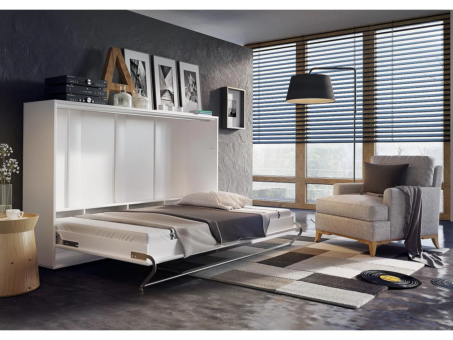 Lenart Armoire Lit escamotable Horizontal 140x200 cm Blanc brillant Lit Rabattable Lit Mural Consus pro